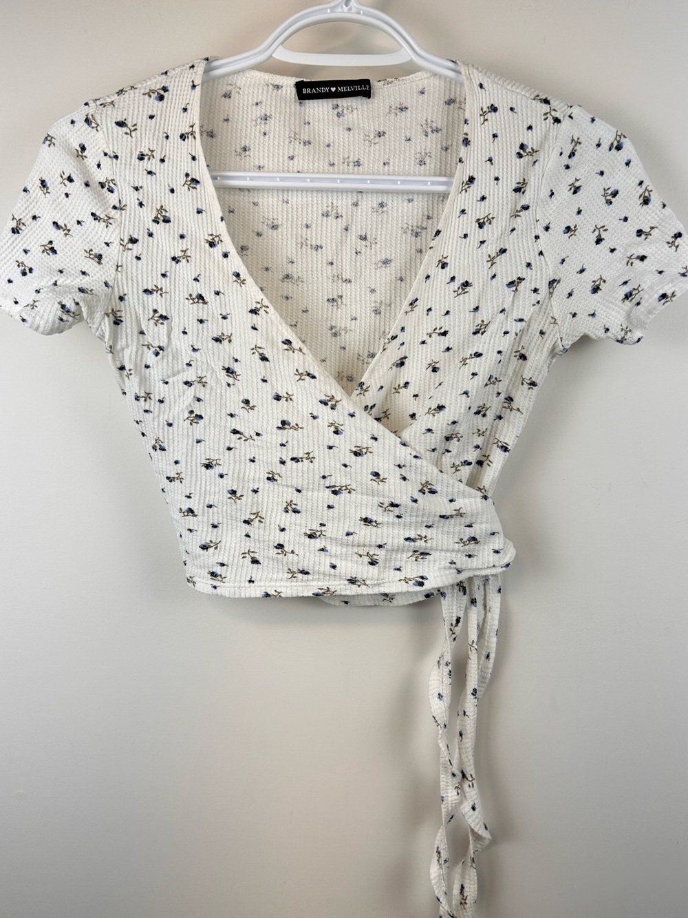 Brandy Melville Rae Floral Wrap Top Blue Ditsy Flower Waffle Knit One Size